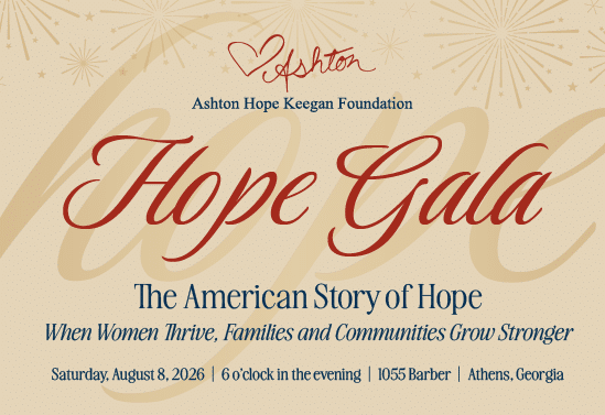 Graphic for the 2026 Hope Gala featuring the theme “The American Story of Hope” and tagline “When Women Thrive, Families and Communities Grow Stronger,” with elegant patriotic design elements in red, white, and blue.